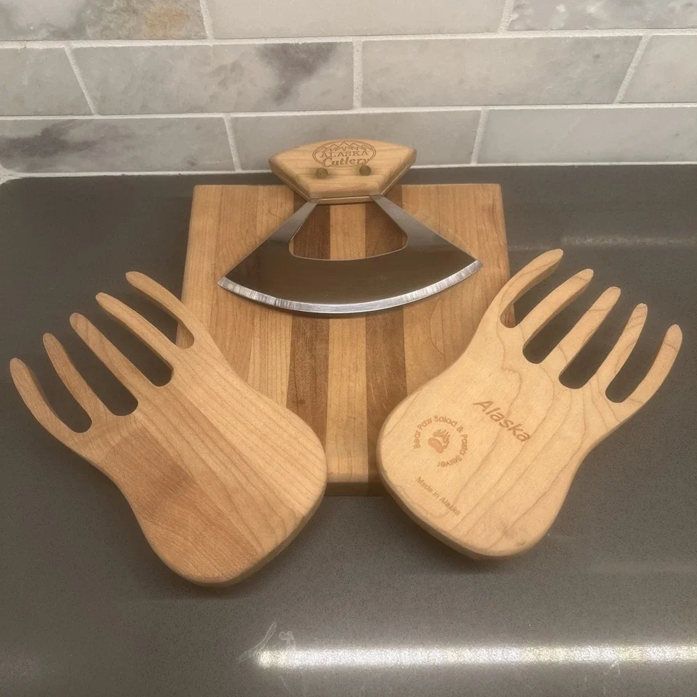 Alaska Cutlery ULU 6 Inch Knife & Wood Chopping Bowl W/ Salad Server Bear Paws